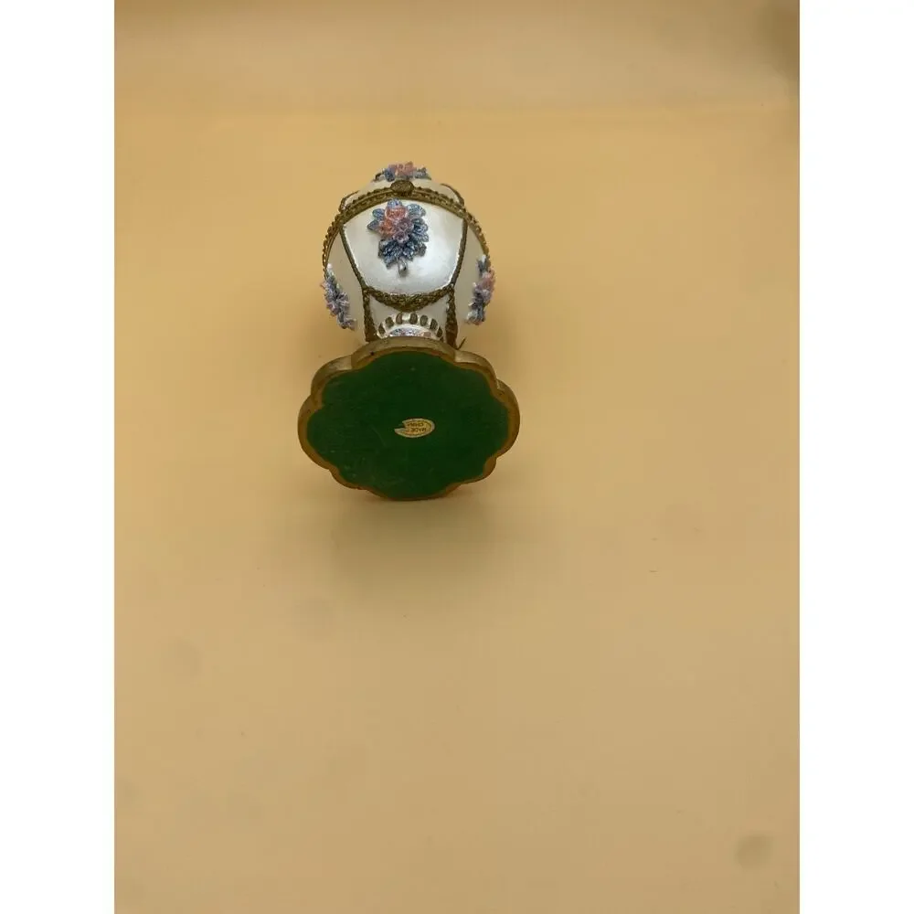 Vintage Egg Shaped Floral Metal Jewelry Box w/ Hinged Lid, Fabric Lined Interior